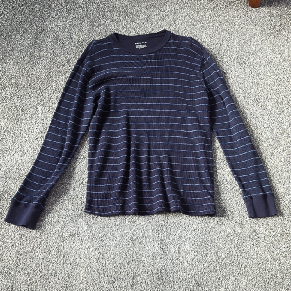 American Eagle Outfitters Dark Blue and Light Gray Striped Long Sleeve Tee